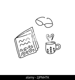 Doodle outline book or diary, hot drink in cup and eyeglasses isolated on white background. Stock Vector