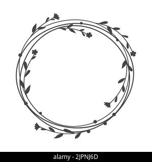 Floral circle wreath frame vector template. Branches and leaves doodle hand drawn line border. Stock Vector