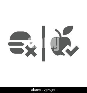 Cross burger and apple checkmark vector icon. Healthy eating and no junk food filled symbol. Stock Vector
