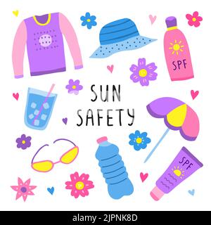Set of colorful doodle sun safety icons isolated on white background. Stock Vector