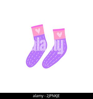Doodle violet socks with hearts isolated on white background. Stock Vector