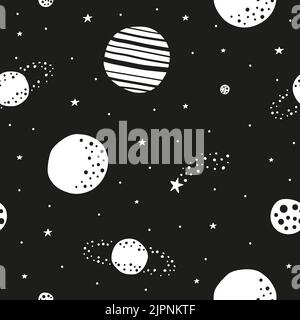 Black and white space seamless pattern with doodle stars and planets. Stock Vector