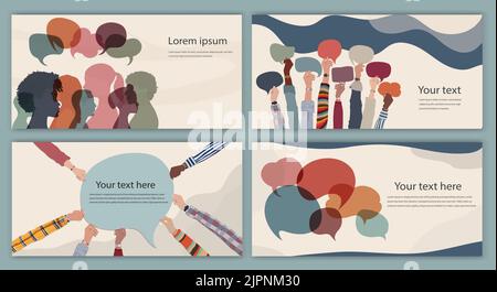 Editable template. Poster. Silhouette heads group of international people talking. Diversity people.Speech bubble. Communication. Racial Equality.Team Stock Vector
