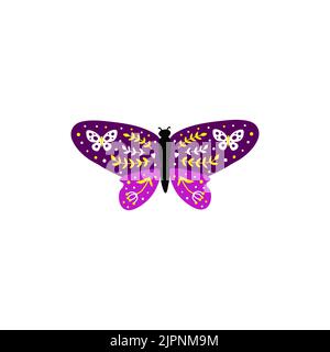 Colorful doodle butterfly with floral decor in Scandinavian folk style isolated on white background. Stock Vector