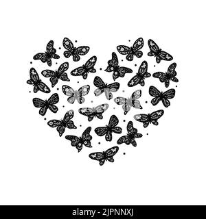 Black doodle butterflies with floral decor in Scandinavian folk style composed in heart shape. Stock Vector