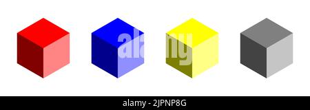 Basic Geometry Set of Cubes with Red, Blue, Yellow, and Gray or Monochrome Cube in 3D Perspective Style. Vector Image. Stock Vector