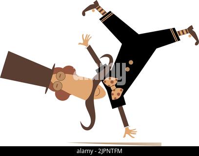 Cartoon man in the top hat.  Funny long mustache man in the top hat staying on one hand with legs over head. Illustration on white background Stock Vector