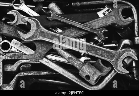 Toolbox of different hand tools at garage. Top view Stock Photo