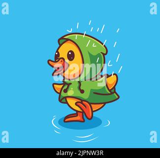 cute duck wearing raincoat rain. isolated cartoon animal nature illustration. Flat Style Sticker Icon Design Premium Logo vector. Mascot Character Stock Vector