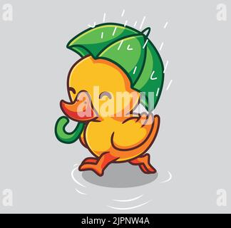 cute duck bring umbrella rainy day. isolated cartoon animal nature illustration. Flat Style Sticker Icon Design Premium Logo vector. Mascot Character Stock Vector