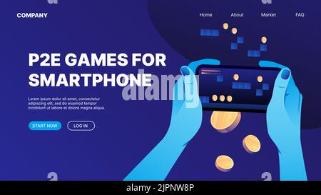 P2E Games for Smartphones. Horizontal Landing Page for Website Template. Vector illustration Stock Vector