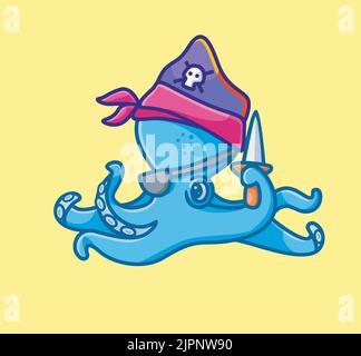 cute pirate octopus bring a sword. isolated cartoon animal nature illustration. Flat Style Sticker Icon Design Premium Logo vector. Mascot Character Stock Vector