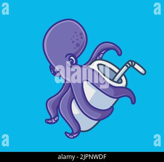 Cute purple octopus drink on glass with straw. isolated cartoon animal nature illustration. Flat Style Sticker Icon Design Premium Logo vector. Mascot Stock Vector