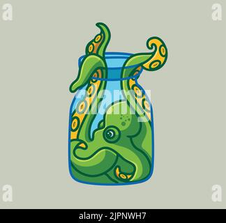 cute octopus hide inside the jar bottle. isolated cartoon animal nature illustration. Flat Style Sticker Icon Design Premium Logo vector. Mascot Chara Stock Vector