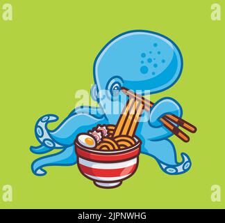 cute octopus eating noodle using chopstick. isolated cartoon animal nature illustration. Flat Style Sticker Icon Design Premium Logo vector. Mascot Ch Stock Vector