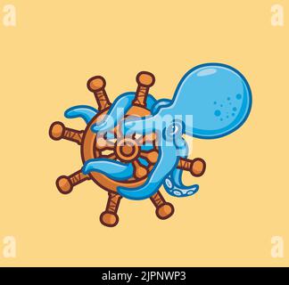 cute octopus on ship wheel. isolated cartoon animal illustration. Flat Style Sticker Icon Design Premium Logo vector. Mascot Character Stock Vector