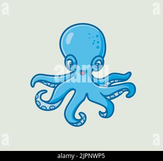 cute blue octopus happy. isolated cartoon animal nature illustration. Flat Style Sticker Icon Design Premium Logo vector. Mascot Character Stock Vector