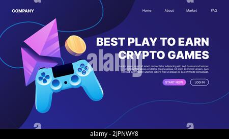 Play to Earn. Crypto Games Horizontal Web Banner. Landing Page Illustration. Vector illustration Stock Vector