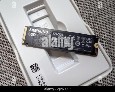 Paris, France - Apr 8, 2022: New unboxed Samsung 980 Pro NVME ssd hard disk drive for the personal computer or mac Apple upgrade Stock Photo