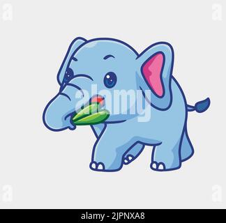 cute elephant hungry eating a leaf. isolated cartoon animal illustration. Flat Style Sticker Icon Design Premium Logo vector. Mascot Character Stock Vector