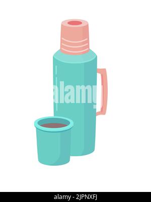 Camping thermos, with a hot drink. Flat style vector. Hiking thermos green with a mug. Stock Vector