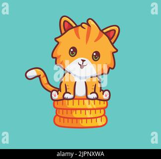 cute cat sitting on a pile of coin. isolated cartoon animal illustration. Flat Style Sticker Icon Design Premium Logo vector. Mascot Character Stock Vector