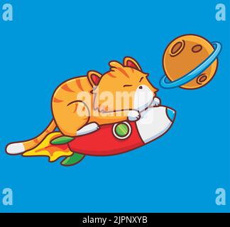 cute striped cat ride the rocket to the moon. isolated cartoon animal illustration. Flat Style Sticker Icon Design Premium Logo vector. Mascot Charact Stock Vector