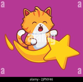 cute cat ride the falling star meteor. isolated cartoon animal illustration. Flat Style Sticker Icon Design Premium Logo vector. Mascot Character Stock Vector