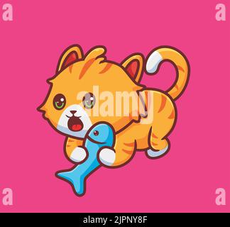 cute striped cat catching a fish. isolated cartoon animal illustration. Flat Style Sticker Icon Design Premium Logo vector. Mascot Character Stock Vector