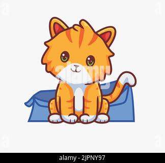 cute cat sitting on his cardboard box. isolated cartoon animal illustration. Flat Style Sticker Icon Design Premium Logo vector. Mascot Character Stock Vector