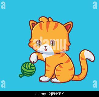 cute cat playing green ball yarn. isolated cartoon animal illustration. Flat Style Sticker Icon Design Premium Logo vector. Mascot Character Stock Vector