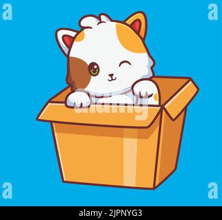 cute cat hide on the cardboard. isolated cartoon animal illustration. Flat Style Sticker Icon Design Premium Logo vector. Mascot Character Stock Vector