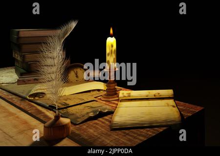 Vintage background. Old sheet of paper with feather pen and books on a wooden table. Stock Photo