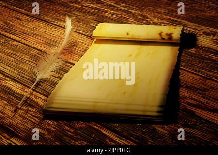 Blank old sheet of paper with feather pen on wooden table. Stock Photo