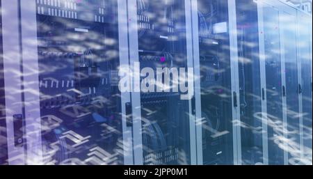 Image of binary coding numbers changing over tech room with computer servers Stock Photo