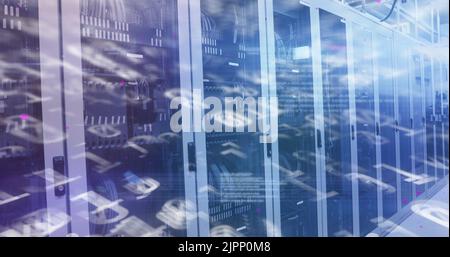 Image of binary coding numbers changing over tech room with computer servers Stock Photo