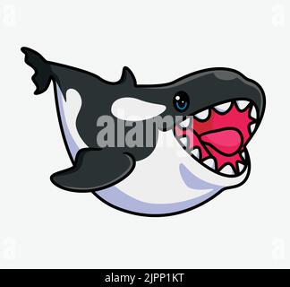 cute killer whale hunting. isolated cartoon animal illustration. Flat Style Sticker Icon Design Premium Logo vector. Mascot Character Stock Vector