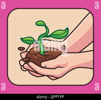 Growing plant save the earth. isolated cartoon plant illustration. Flat Style Sticker Icon Design Premium Logo vector. Stock Vector