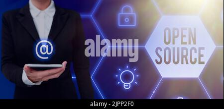 Sign displaying Open Source, Conceptual photo denoting software which original source code freely available Businessman in suit holding notepad symbol Stock Photo