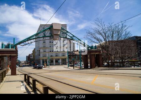 Milwaukee, WI, USA April 10 2022: Historic Third Ward sign over East St Paul Avenue in downtown Milwaukee, Wisconsin. This is a lively area for touris Stock Photo