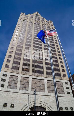 Milwaukee, WI, USA April 10 2022: Wells Fargo bank or Faison building facade in downtown Milwaukee, Wisconsin. This is an example of Milwaukee’s Germa Stock Photo