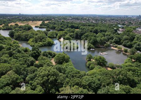 Hollow ponds Leyton flats Waltham forest boating lake in London drone aerial view Stock Photo