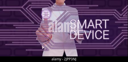 Writing displaying text Smart Device, Business idea Electronic gadget that able to connect share interact with user Lady in suit holding pen symbolizi Stock Photo