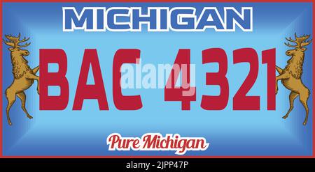 Vehicle license plates marking in Michigan in United States of America, Car plates. Vehicle license numbers of different American states. Vintage prin Stock Vector