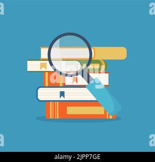 Stack of books with magnifying glass. Knowledge logo. Education and information retrieval. Online course. Vector illustration. EPS 10. Stock Vector