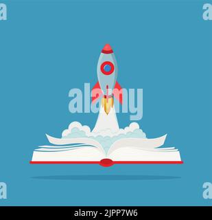 Rocket launch, ship and opened book. Vector illustration. Concept of education poster, banner. EPS 10. Stock Vector