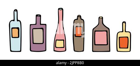 Vector illustration of a set of colored bottles of different shapes with labels in doodle style. Vector set. Stock Vector