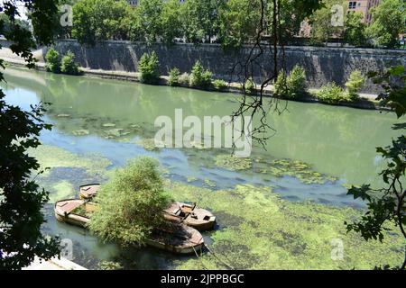 ROME, ITALY - JULY 21, 2022: Low level of water at River Tiber in Rome, probably indicating a drought during a hot summer. Stock Photo