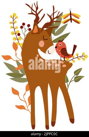 Autumn composition with a cute little deer and a bright bird, autumn berries, leaves and tree branches. Cute Autumn, perfect for web, harvest festival, banner, card, Thanksgiving.Vector illustration. Stock Vector