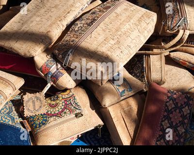 Cork souvenirs of Portugal in colorful designs Stock Photo